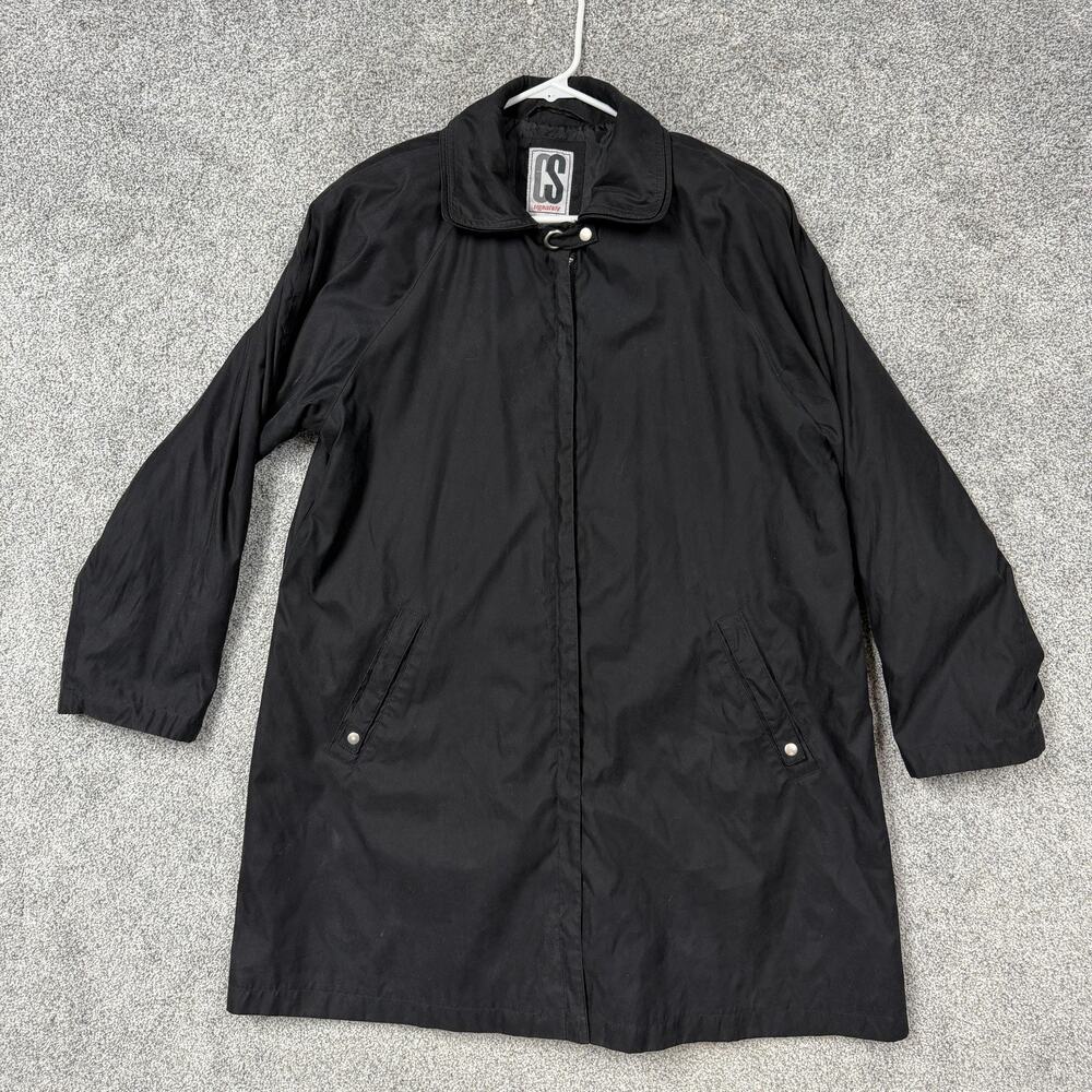 Vtg 90s CS Signature Rain Coat Womens M Black Shoulder Pads Zip Office Siren